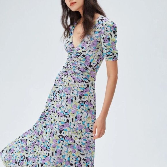 DVF Koren Reversible Mesh Midi Dress XXS Diane von Furstenberg Orchid Print - Picture 2 of 8